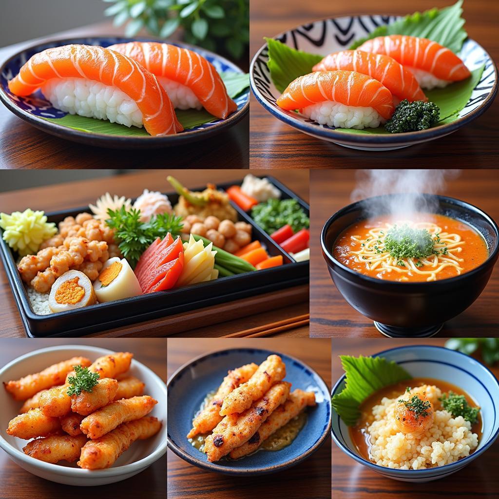 A mouthwatering array of Japanese culinary delights, from fresh sushi to steaming bowls of ramen.