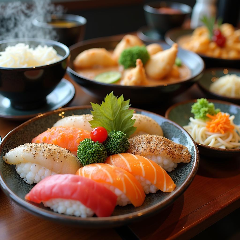 A variety of Japanese dishes including sushi, ramen, and tempura.