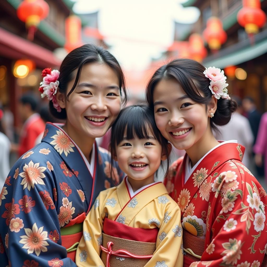 Japanese family in traditional kimono at a festival