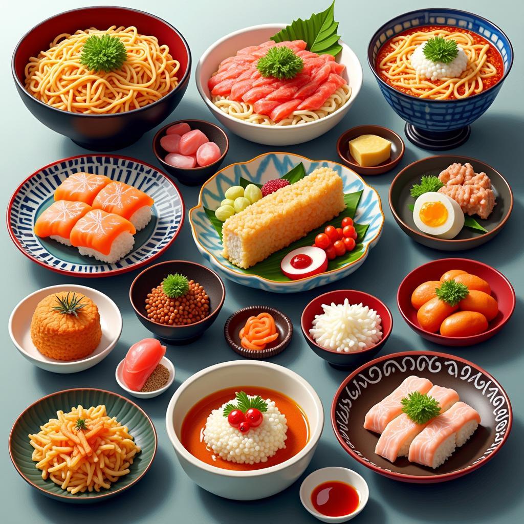 An assortment of Japanese dishes including sushi and ramen