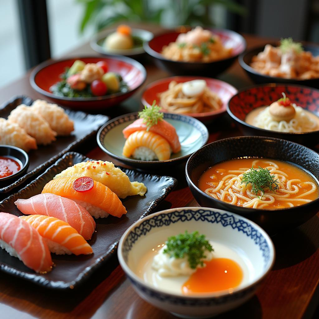 A table filled with a variety of Japanese dishes