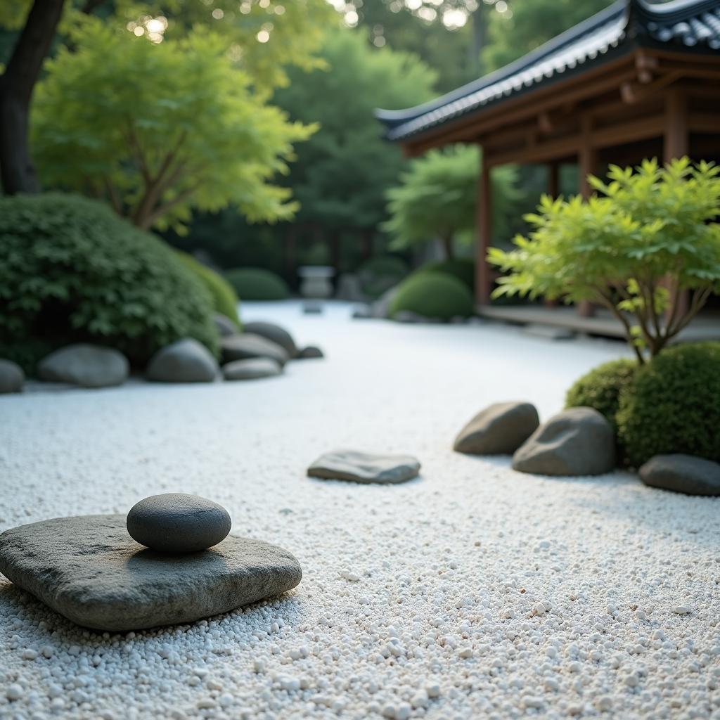 Zen garden with meticulously raked gravel and carefully placed stones.