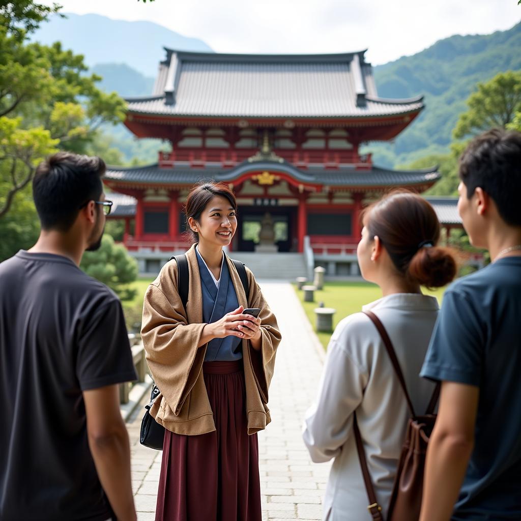 Japanese Golden Tour Bus Guide Explaining Temple History