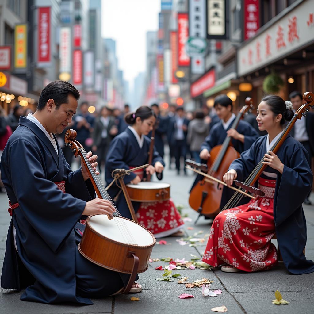 A Japanese music group performing on a bustling street in Tokyo.