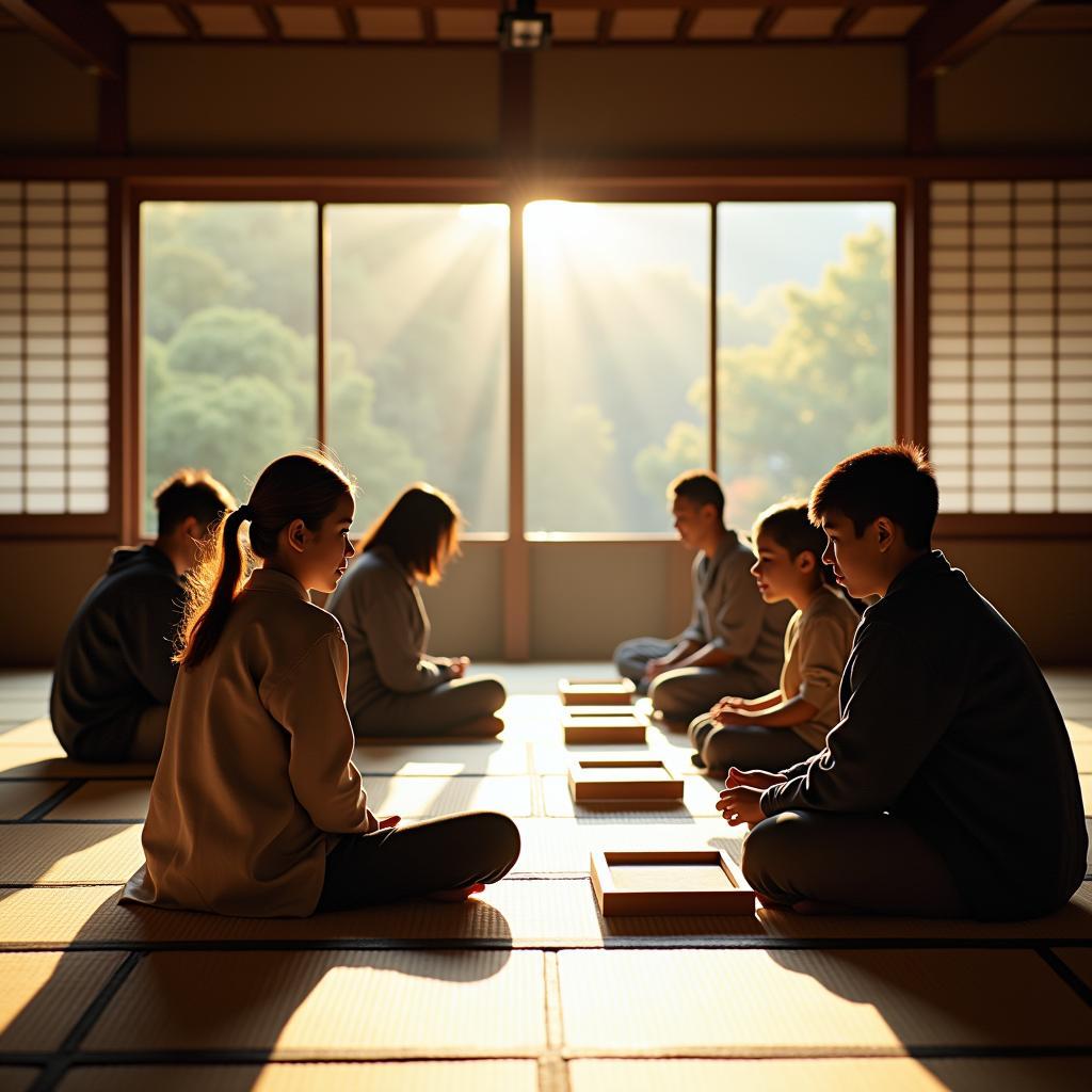 Students in Traditional Japanese Classroom during an Educational Tour