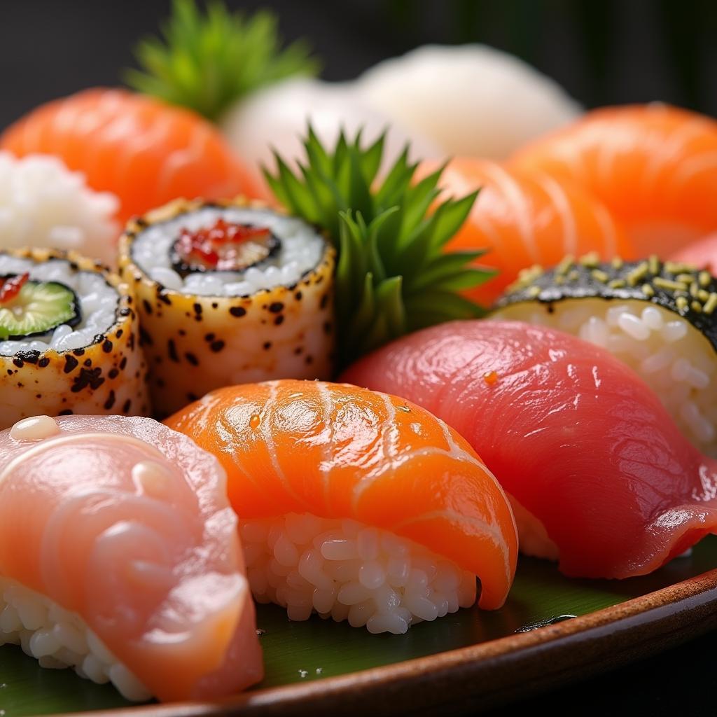 A platter of assorted sushi, showcasing the variety and artistry of Japanese cuisine.