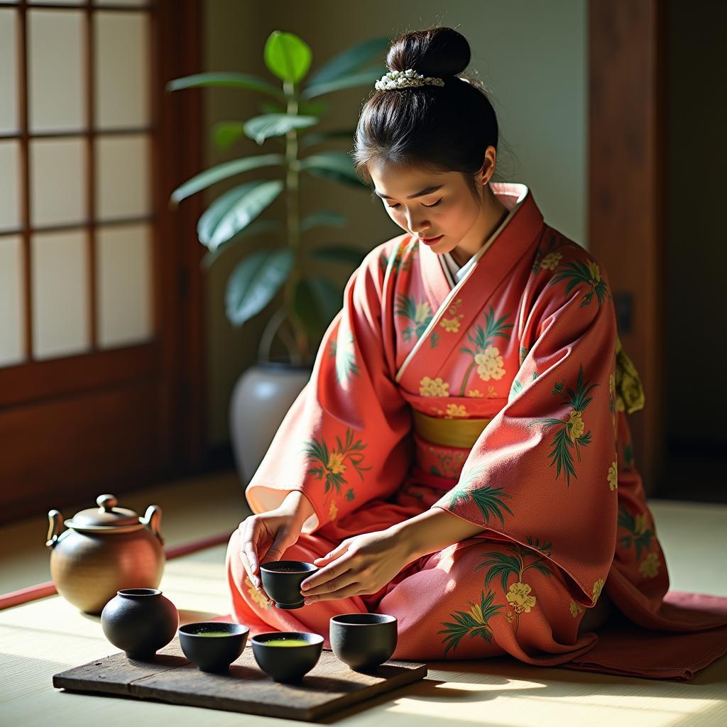 A woman in a traditional kimono performing a Japanese tea ceremony.