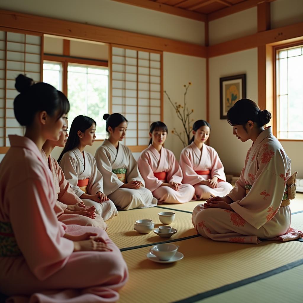 Women participating in a traditional Japanese tea ceremony