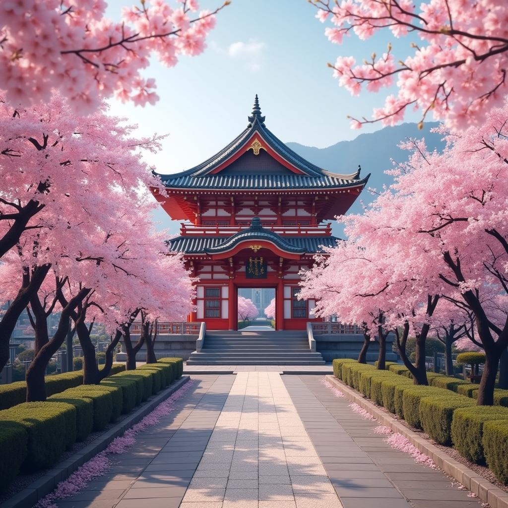 Japanese Temple in Sakura Bloom