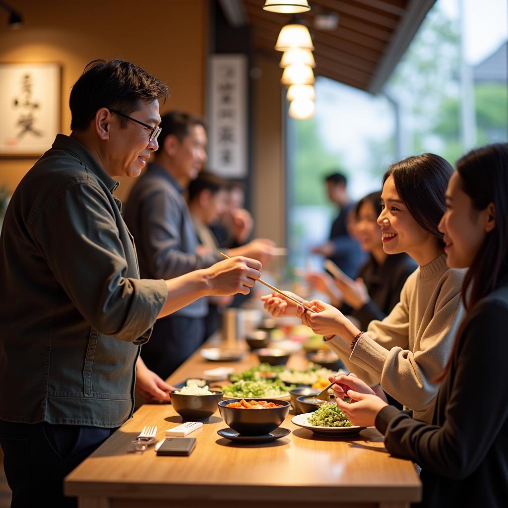 A Japanese tour guide assists tourists with navigating local customs, such as bowing and using chopsticks.