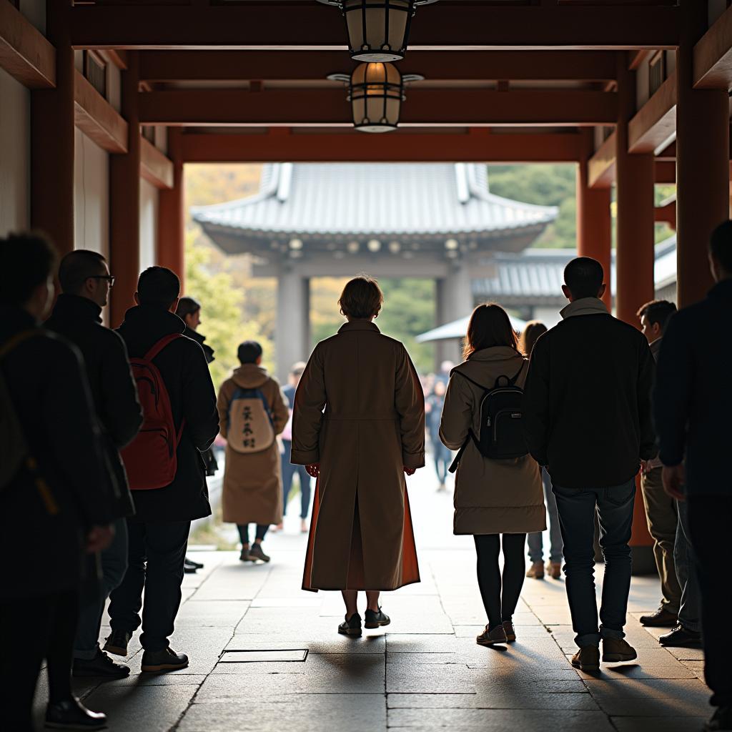 Japanese tour guide leading group through temple