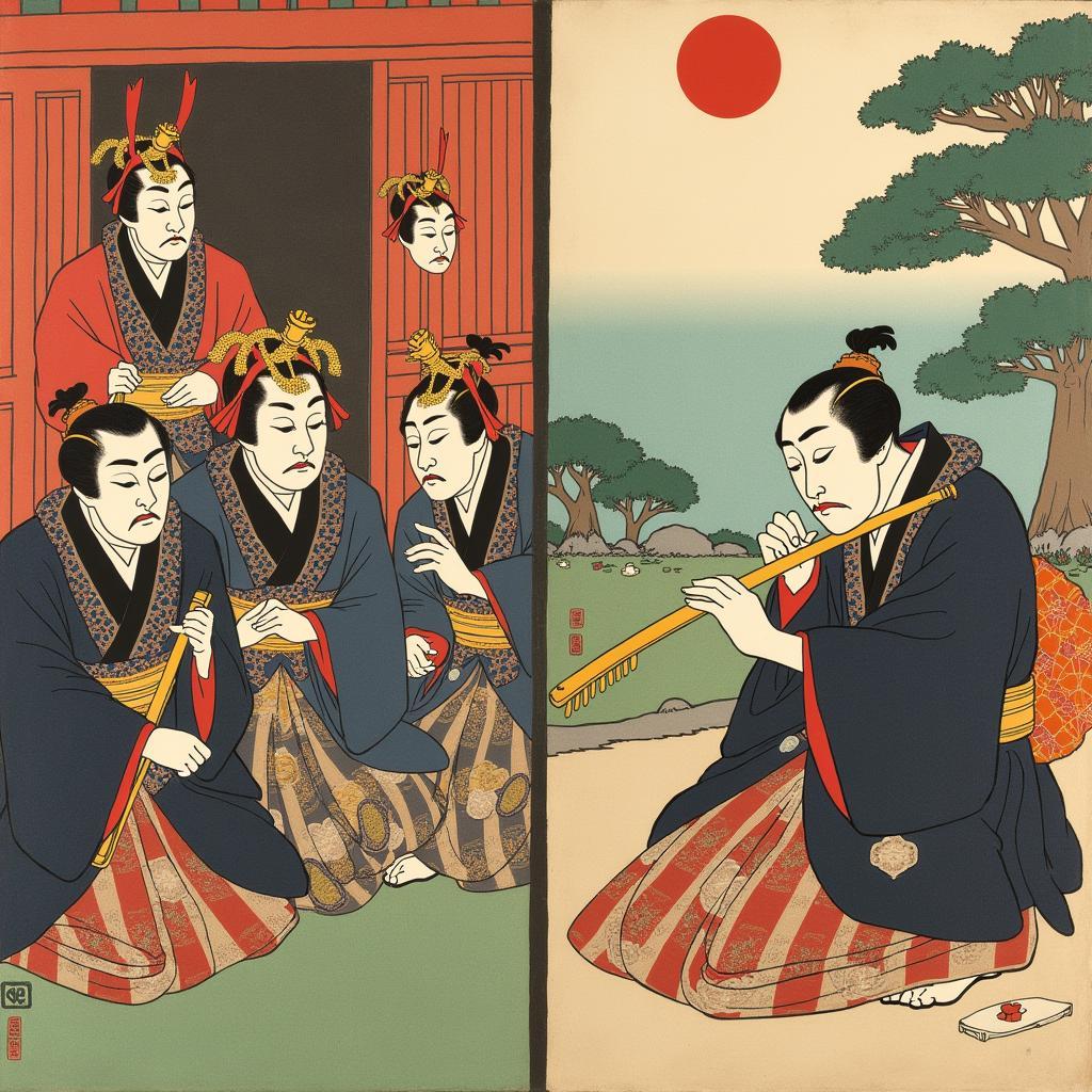 Examples of Japanese traditional arts like Noh and Shakuhachi