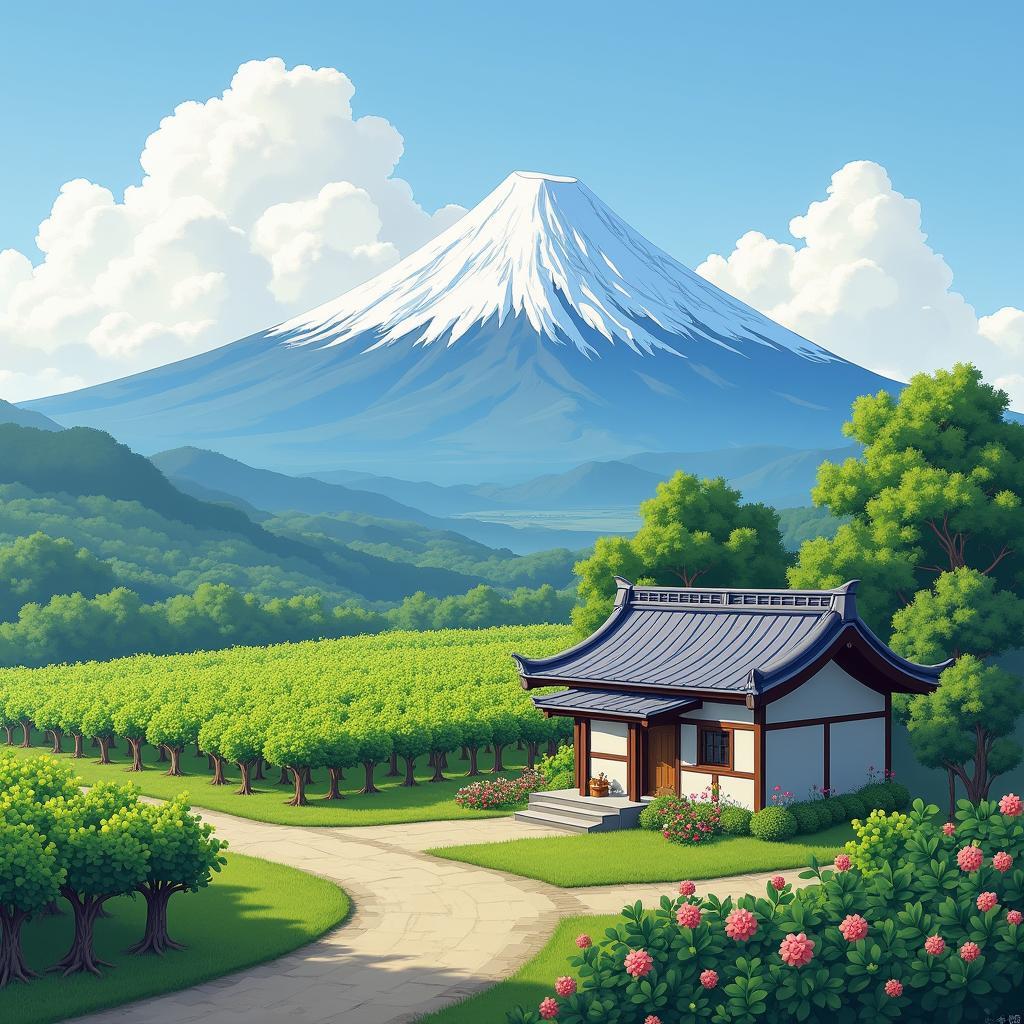 A charming Japanese winery with Mount Fuji as a backdrop, showcasing the beautiful scenery and the unique wine-tasting experience offered in Japan.