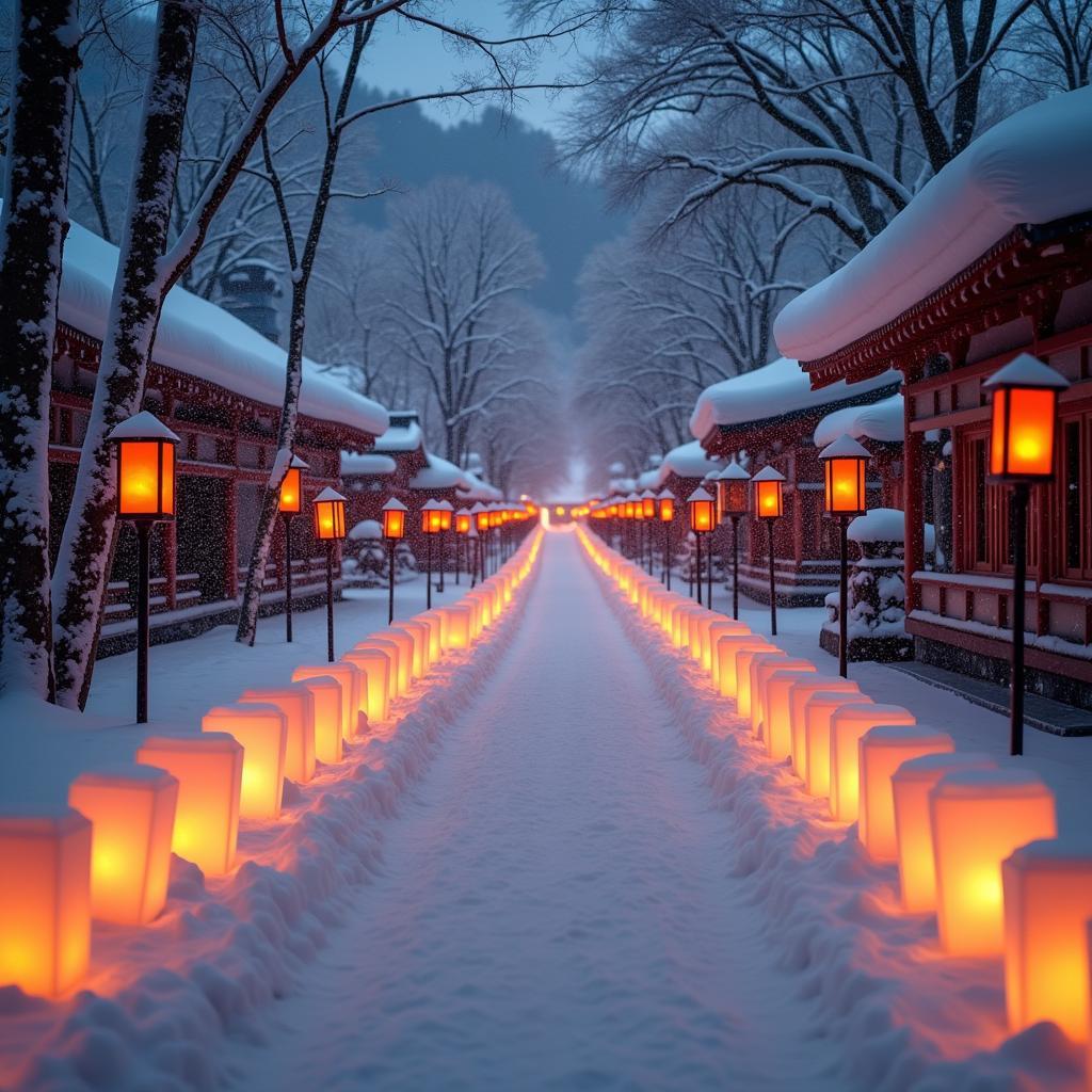 Japanese winter festival with snow lanterns lining a path