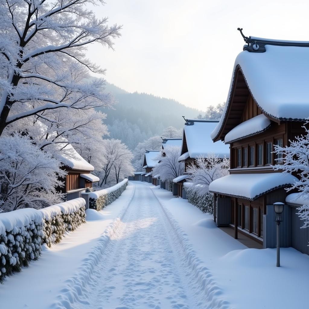 A picturesque view of a traditional Japanese village blanketed in snow during a white tour.