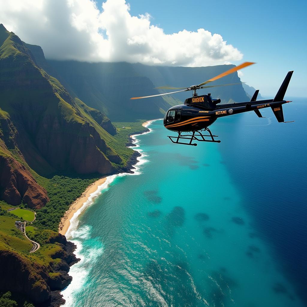 Helicopter offering panoramic views of Kauai's coastline during a Jurassic Park themed tour.