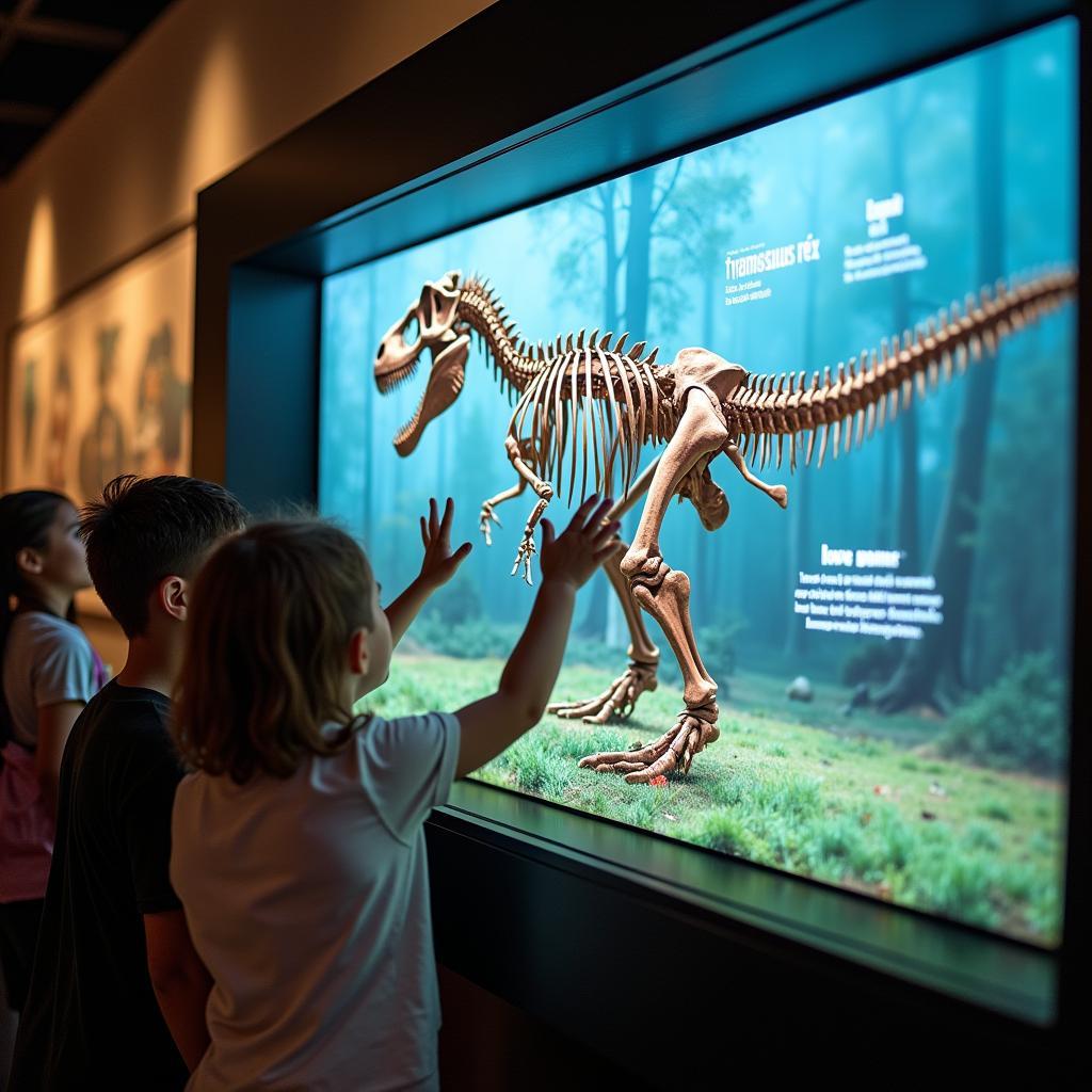 Children interacting with a touchscreen dinosaur exhibit