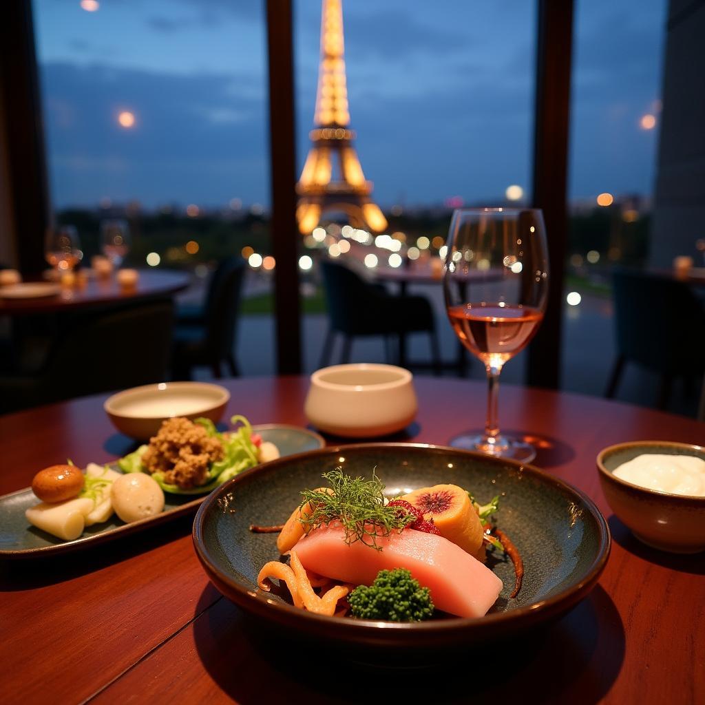 Kaiseki dinner at a restaurant with Eiffel Tower view