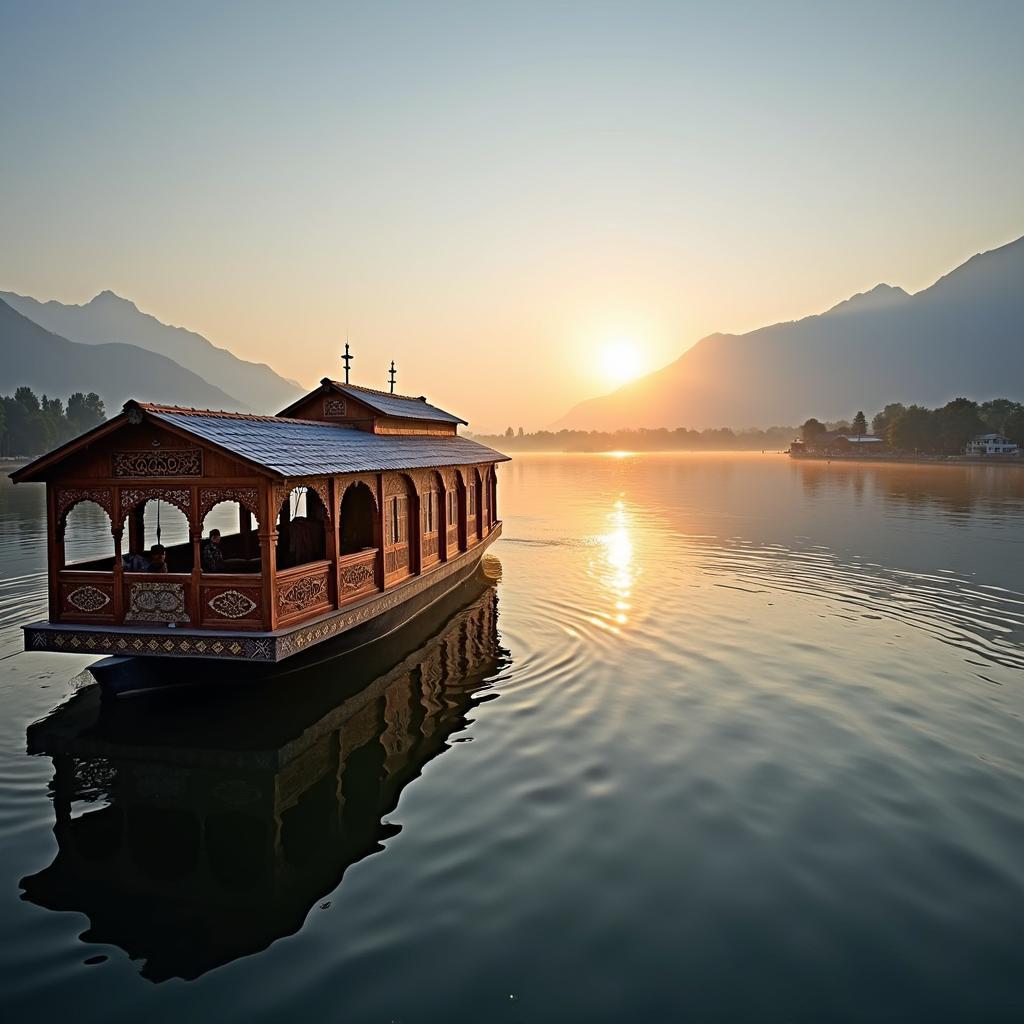 Sunrise over Dal Lake with a traditional Kashmiri houseboat in the foreground.