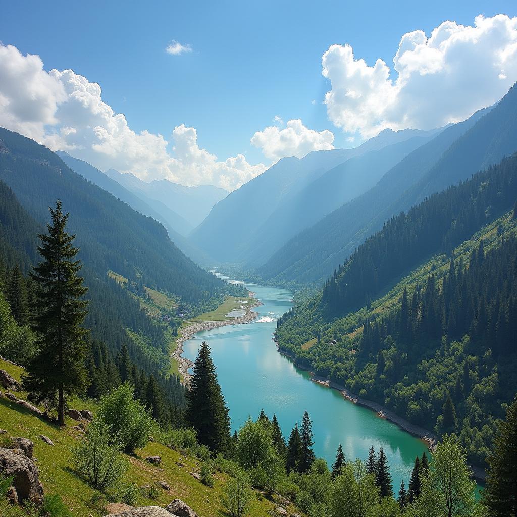 A panoramic view of the Kashmir Valley with lush green fields, snow-capped mountains in the distance, and a clear blue sky.