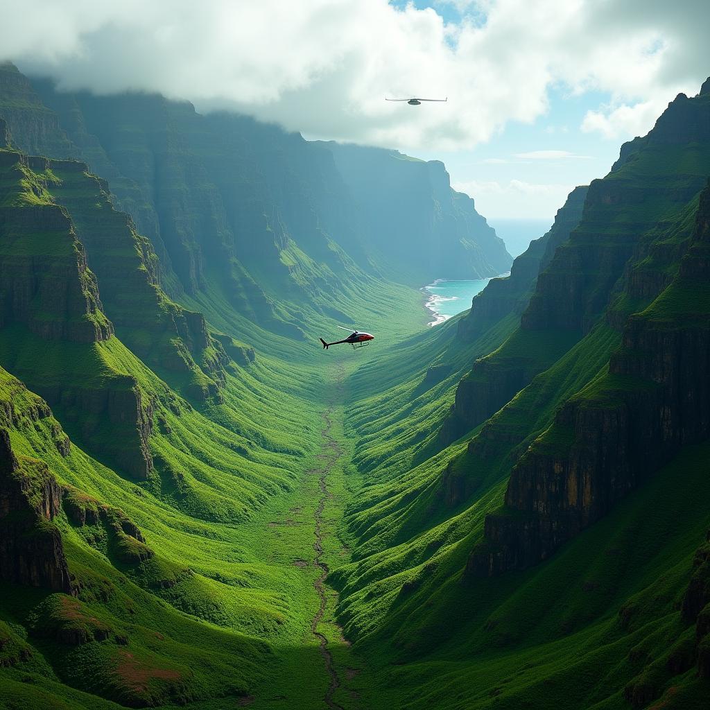 A helicopter flying over lush green valleys in Kauai, showcasing the filming locations of Jurassic Park.