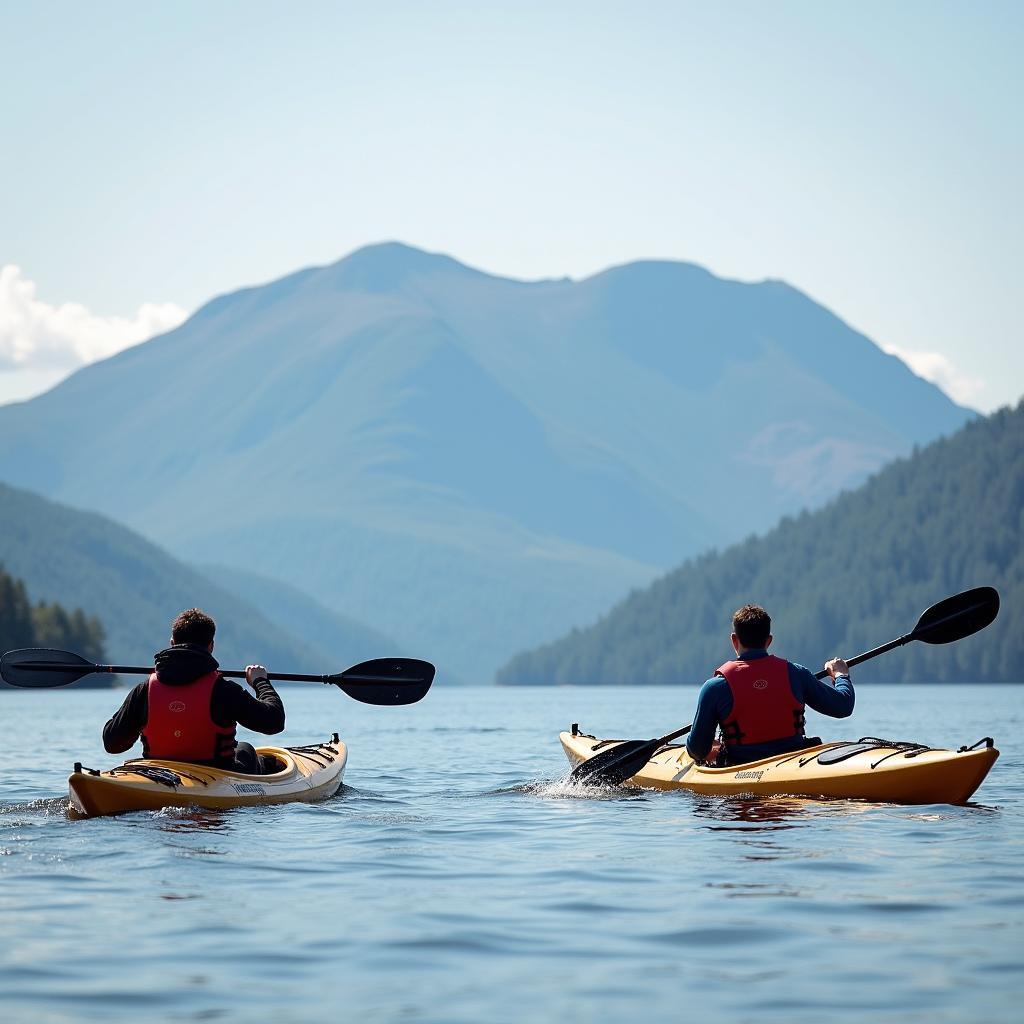 Kayakers paddling across Loch Lomond with mountains in the background