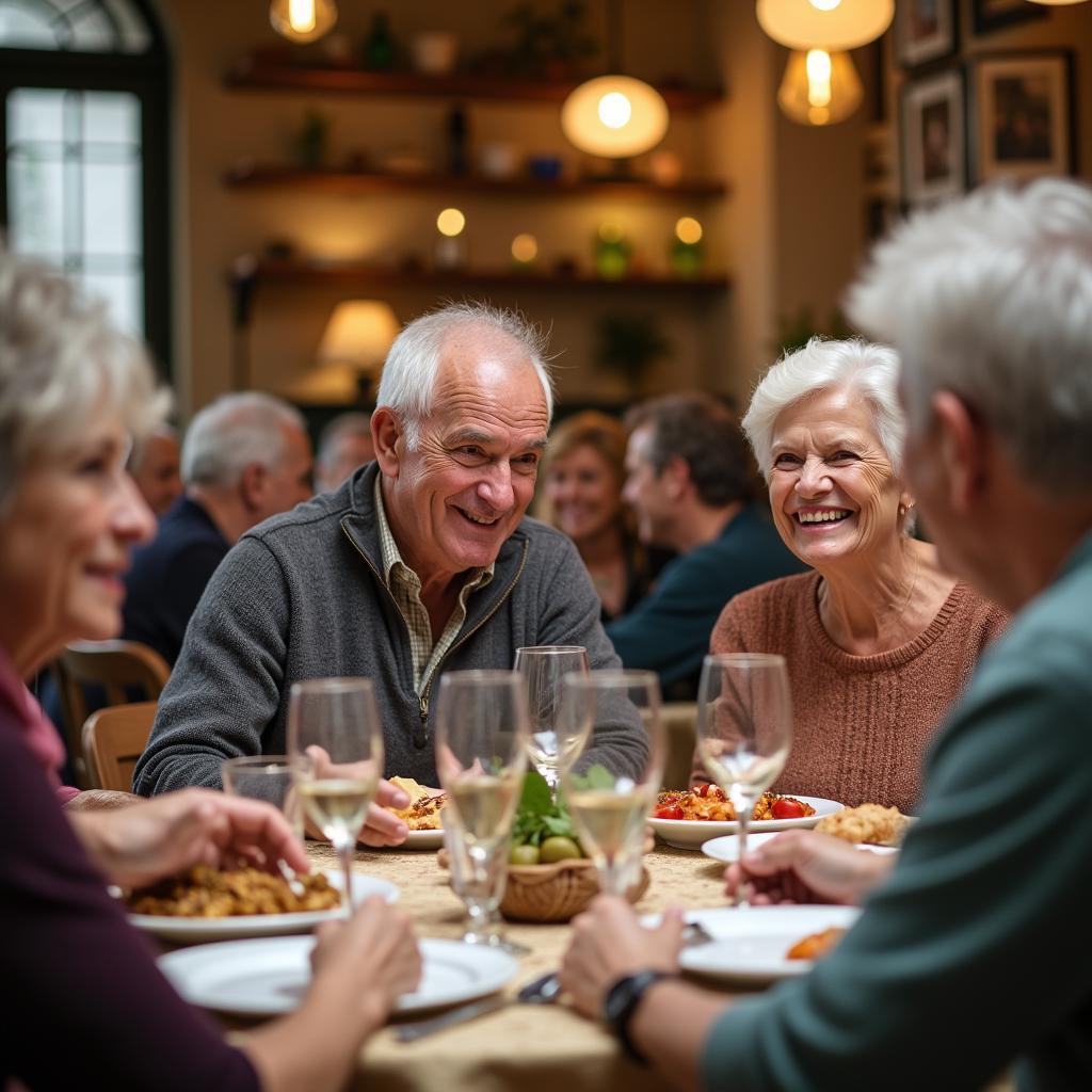 Senior citizens enjoying a meal on a Kesari Europe tour