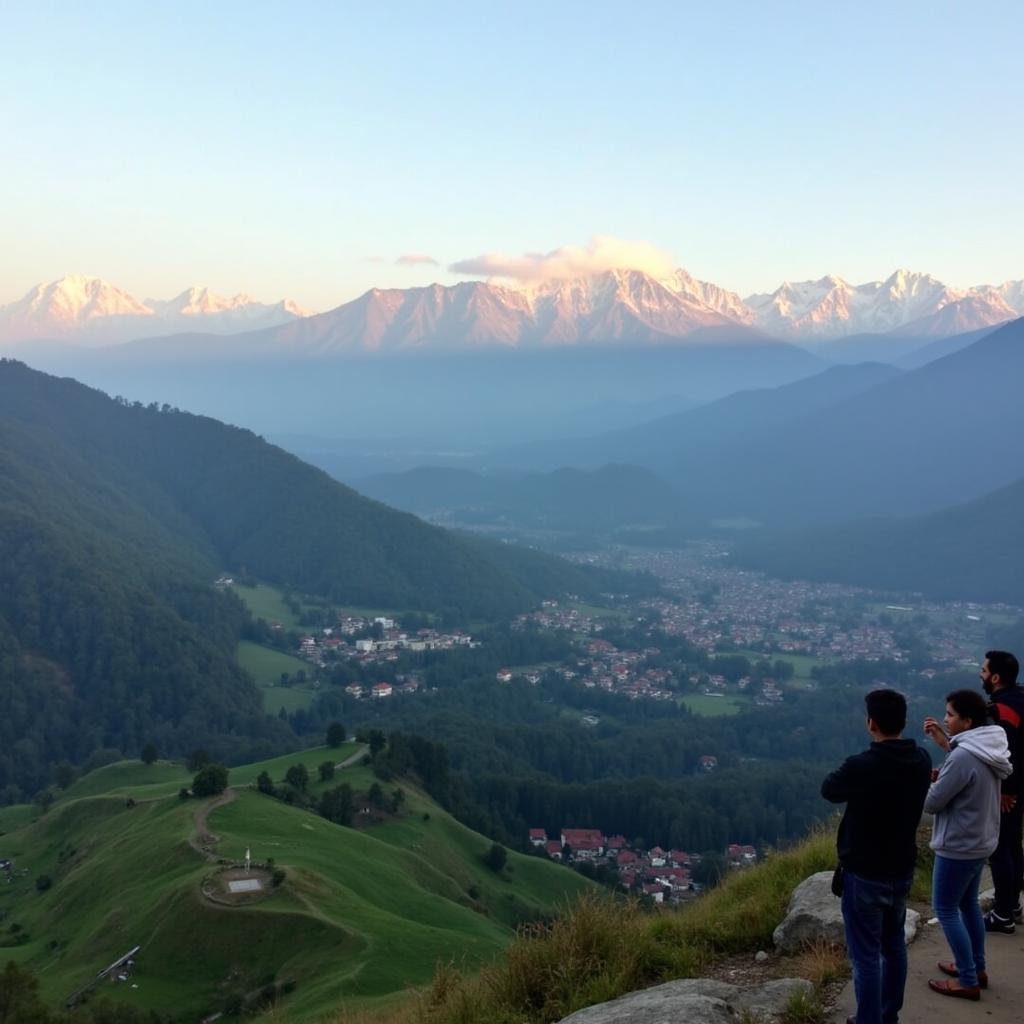 Kesari Tours Mussoorie: A breathtaking view of the Himalayas from a vantage point in Mussoorie, showcasing the lush greenery and majestic peaks.