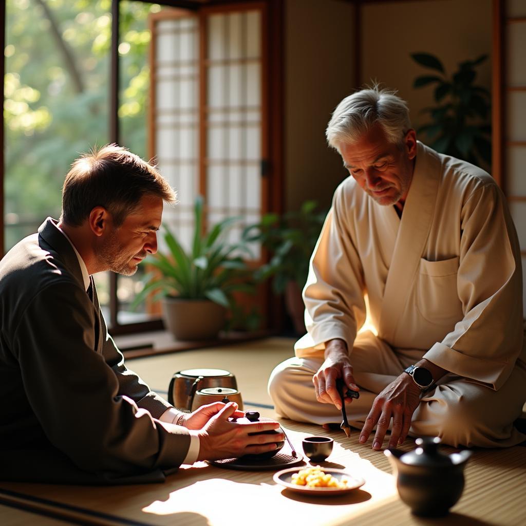 Kesari Tours Owner showcasing Japanese cultural expertise during a tea ceremony.