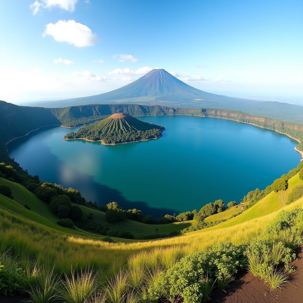 Kintamani's breathtaking volcanic crater with its shimmering lake and the majestic Mount Batur in the background.