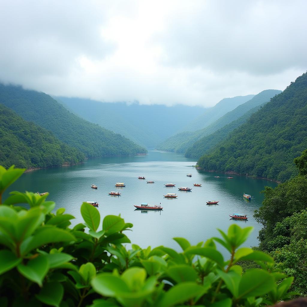 Scenic view of Kodaikanal Lake with lush greenery and colorful boats