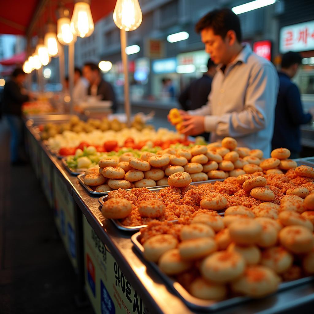 A mouthwatering display of Korean street food, featuring sizzling tteokbokki, crispy hotteok, and colorful skewers of various delicacies.