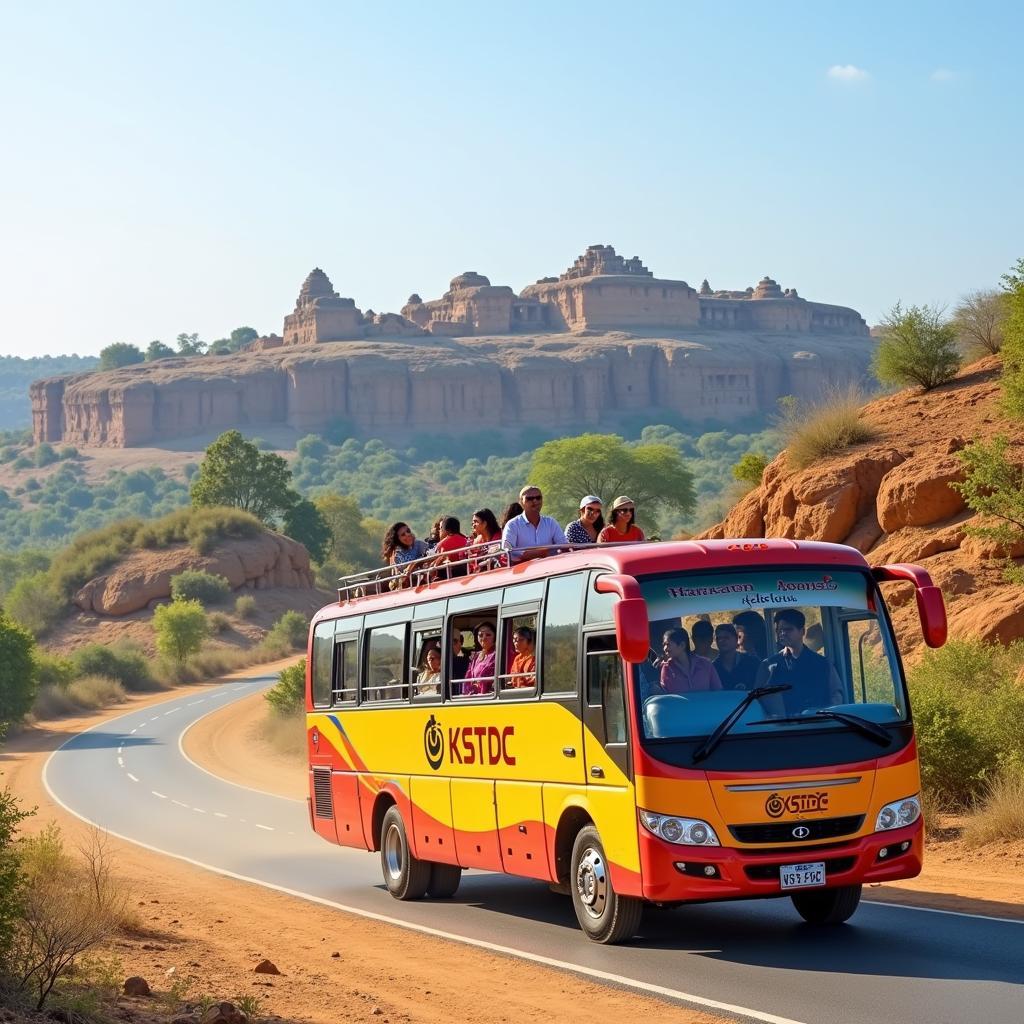 KSTDC Hampi Tour from Bangalore: A bus departs from Bangalore, carrying tourists towards the magnificent ruins of Hampi.