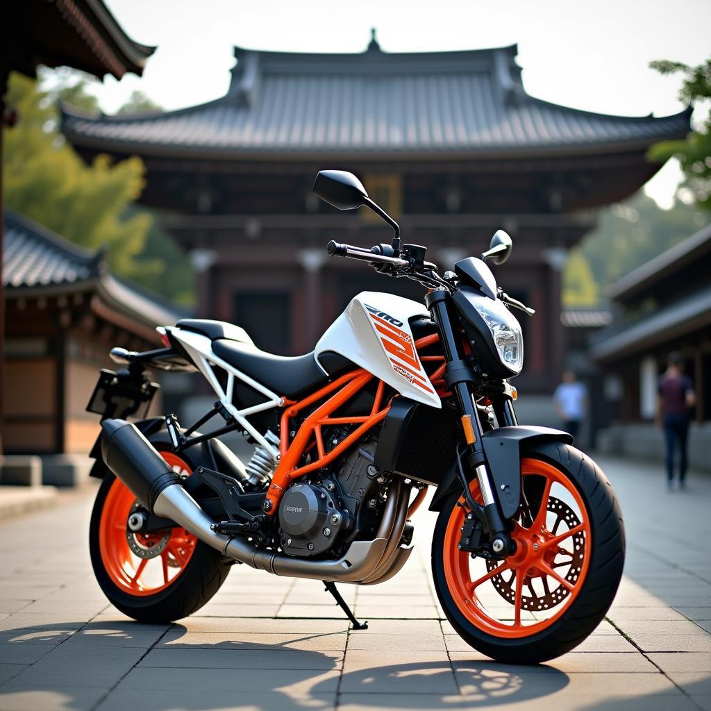 KTM 390 Duke ABS parked near a Japanese Temple