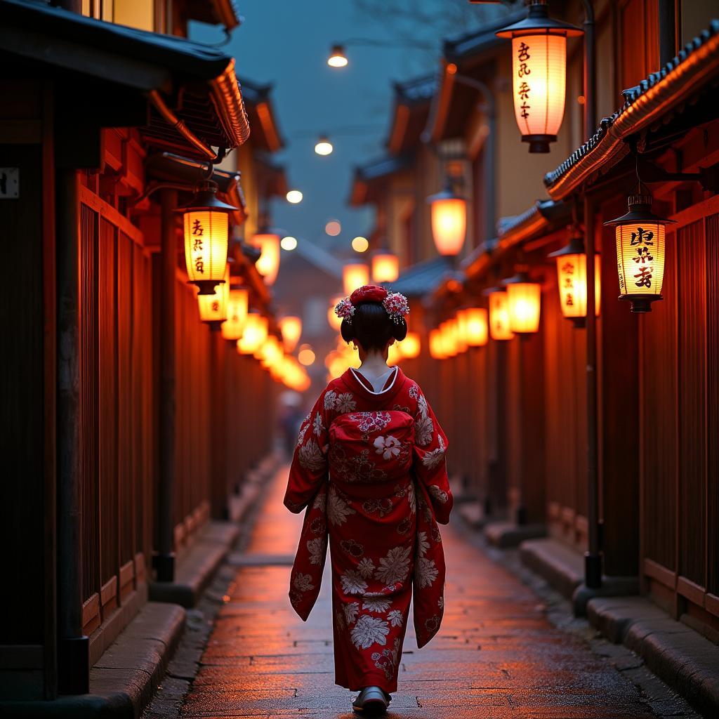 Geisha walking through the Gion district in Kyoto at night