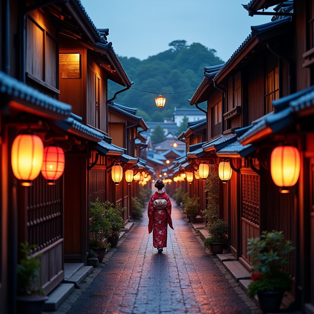 Kyoto Geisha District: Traditional wooden houses lining narrow streets, lanterns illuminating the evening scene, with a geisha walking in the distance.