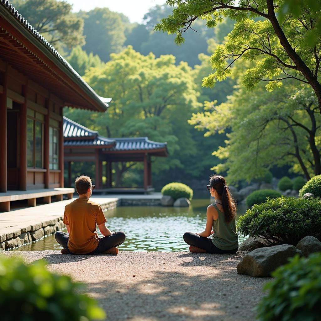 American Tourists Relaxing in a Serene Zen Garden in Kyoto