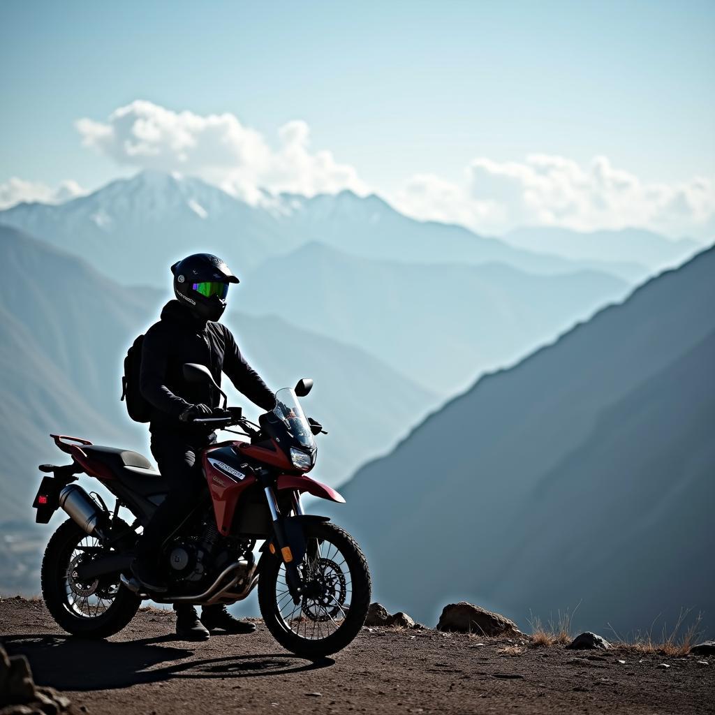 A lone motorcyclist pauses at a high-altitude mountain pass in Ladakh, taking in the breathtaking view.