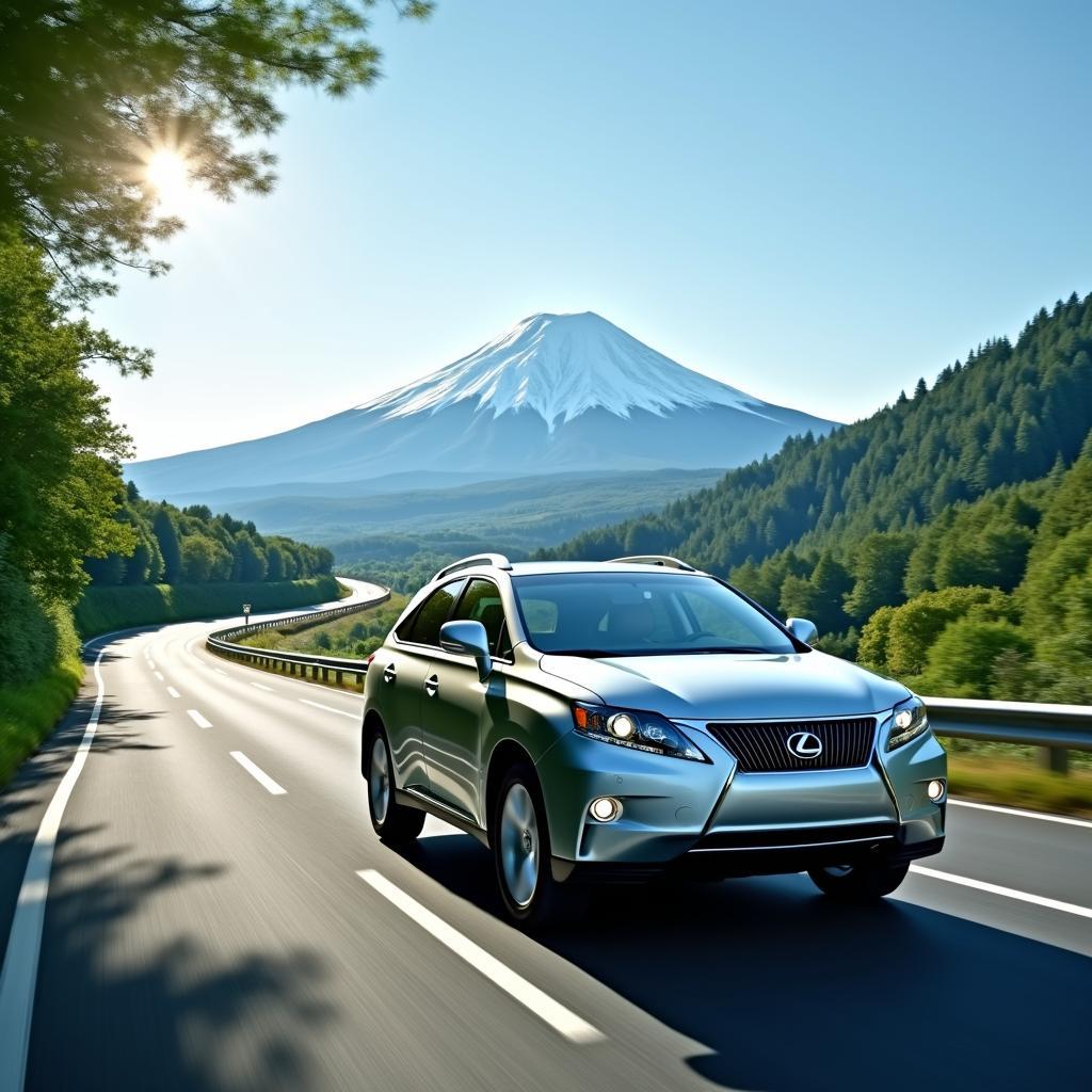 Lexus RX 350 on the Hakone Turnpike with Mount Fuji in the background