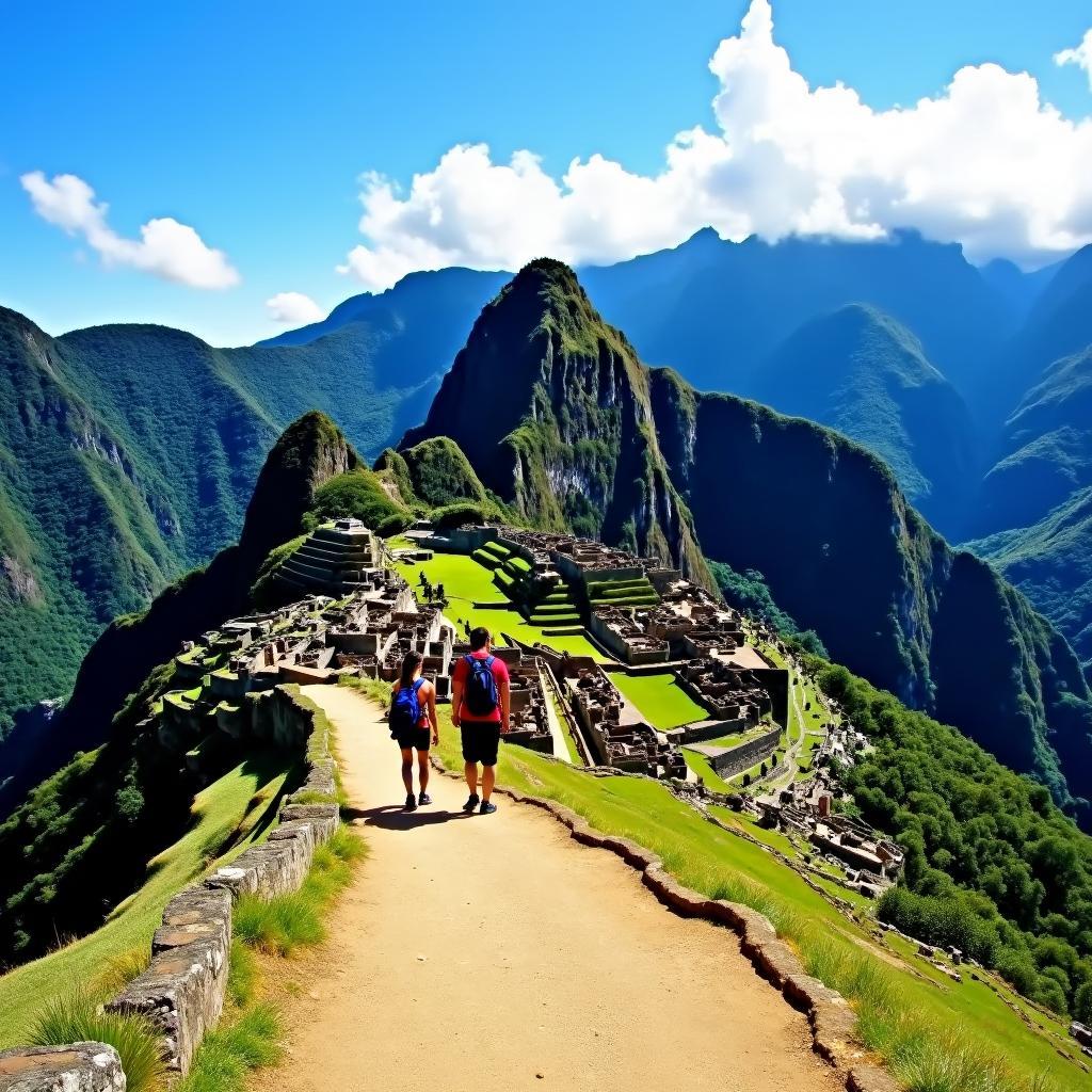 Hiking trails in Machu Picchu during the dry season with clear blue skies and vibrant green landscapes.