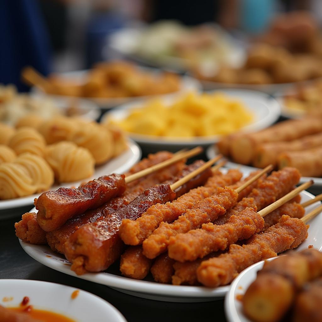 A vibrant display of various Malacca street food options, showcasing the diverse culinary offerings.