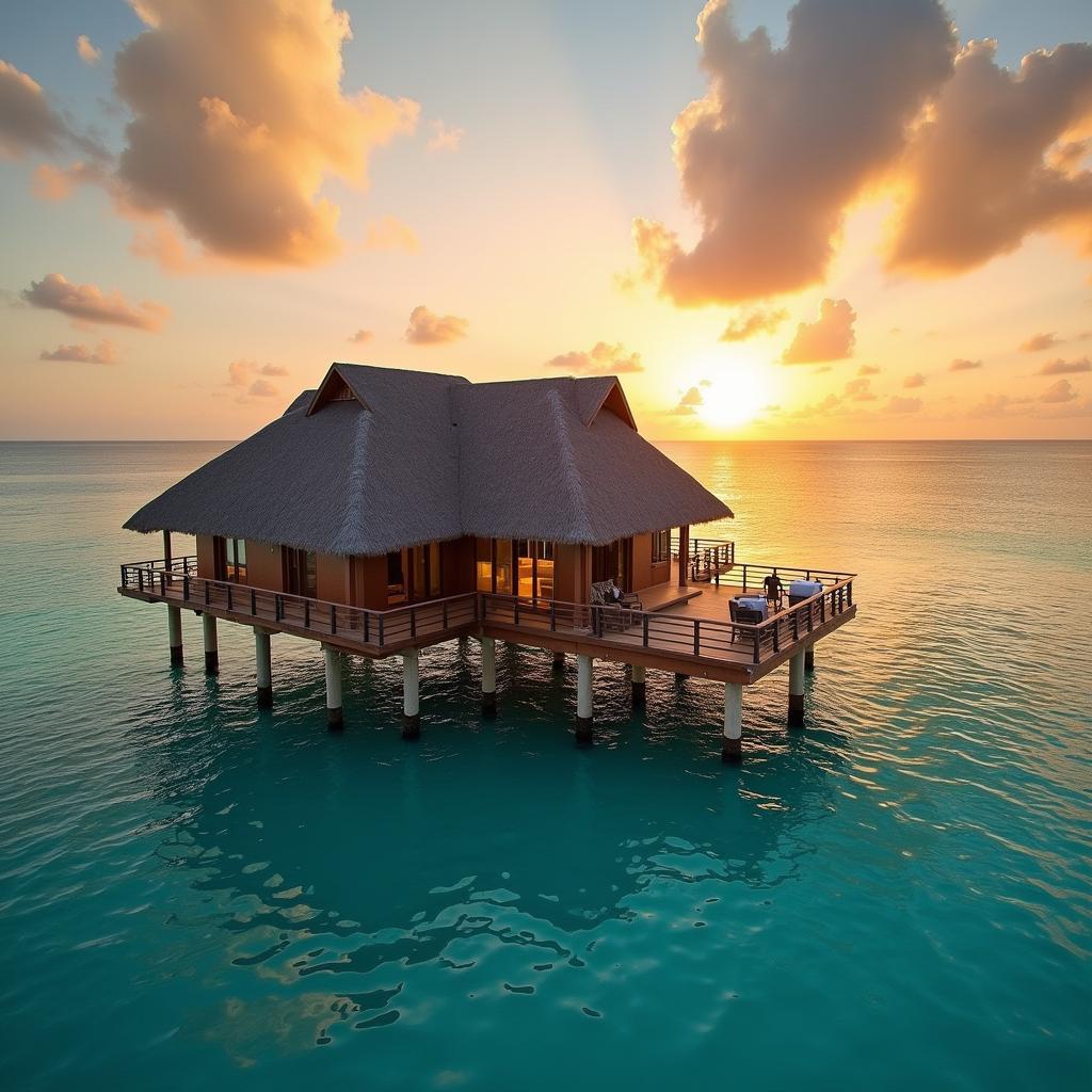 Overwater bungalow at sunset in the Maldives