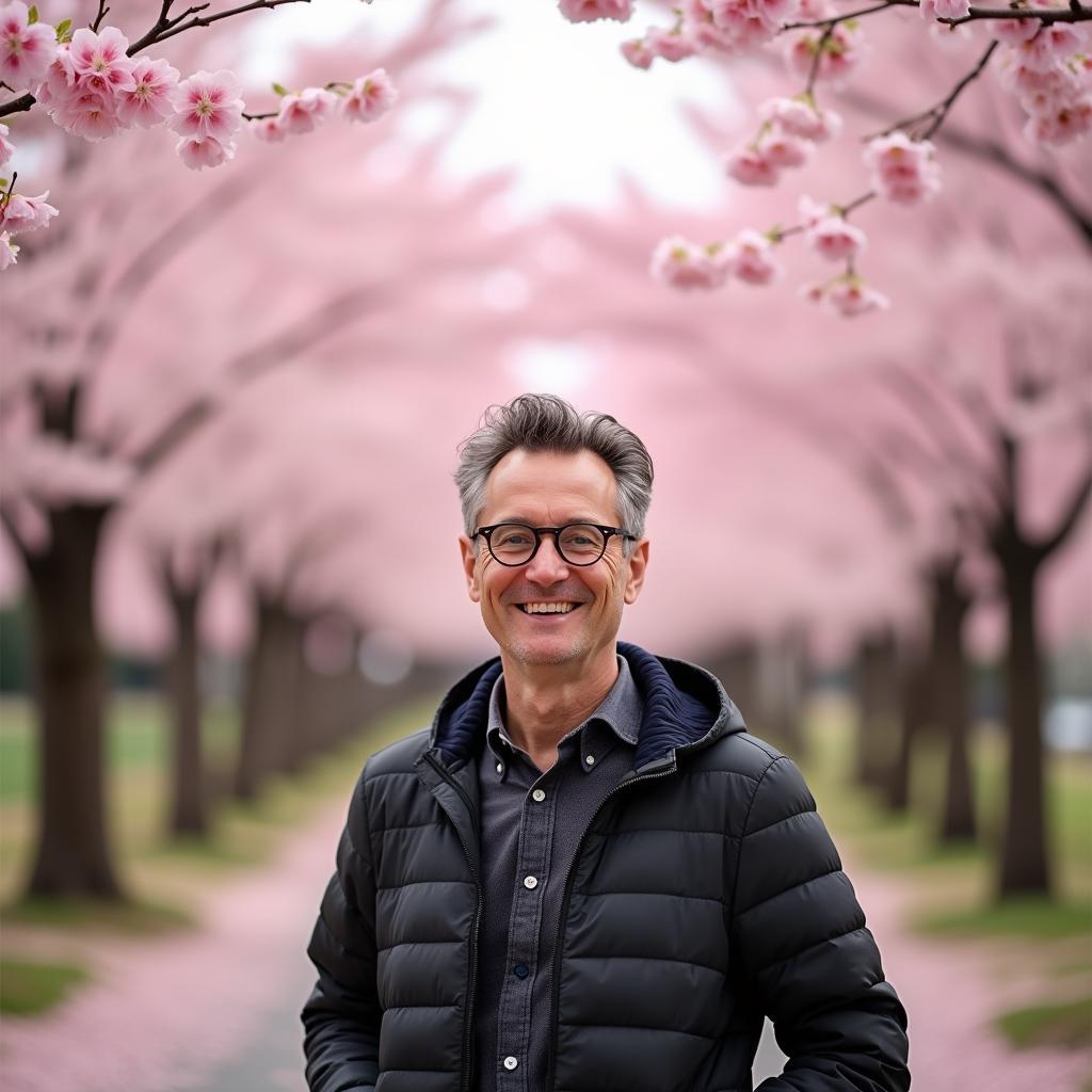 Mark Lowry admiring cherry blossoms in full bloom during a Japan tour.