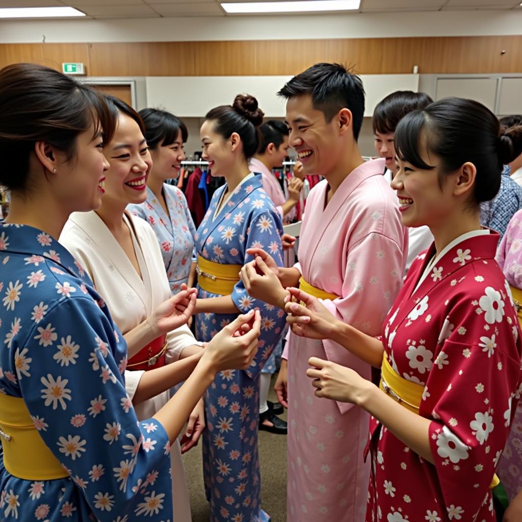 Participants trying on traditional kimonos during a matchmaking tour in Japan.