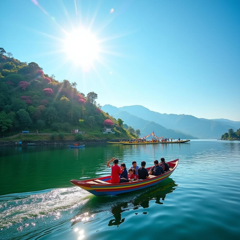 Tourists enjoying a boat ride on the serene Mirik Lake in North Bengal during a sunny summer day.