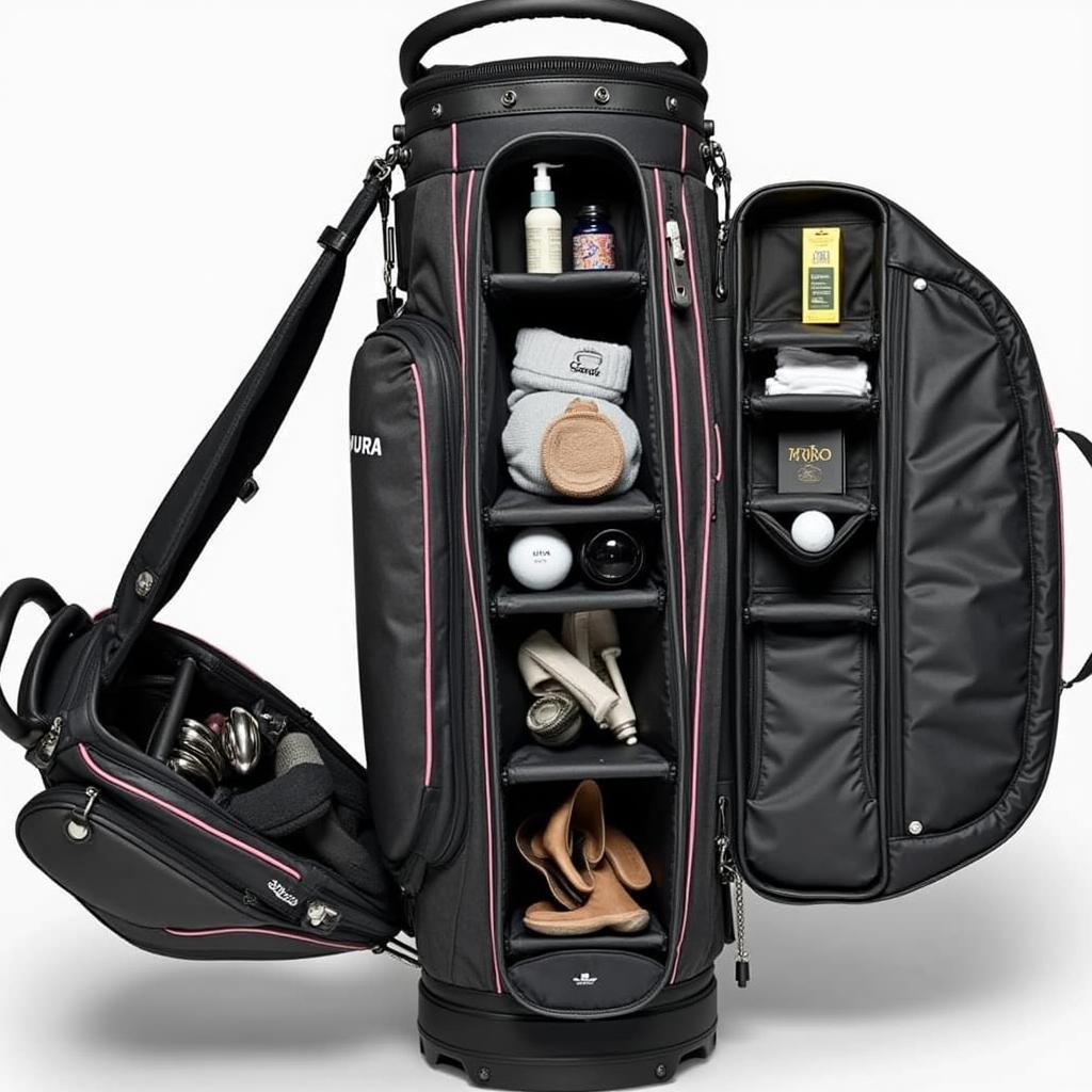 Display of the key features and organizational compartments of a Miura tour bag