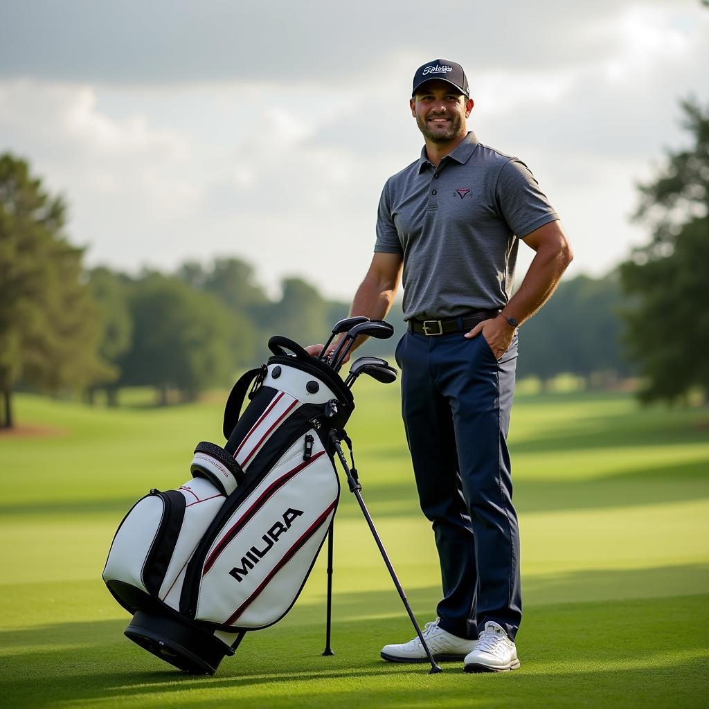 Golfer with a Miura tour bag on a beautiful golf course