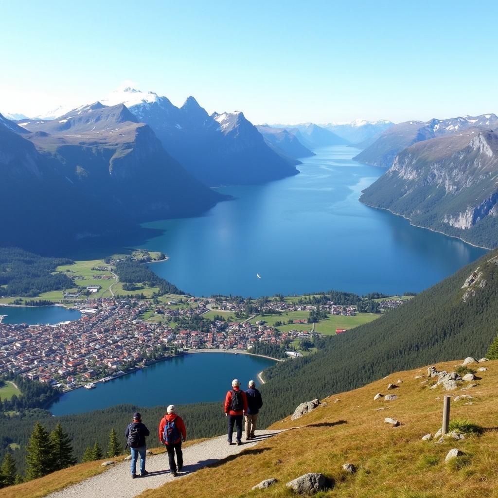 Molde Norway Varden Viewpoint Hiking: Hikers enjoying the panoramic view from the Varden viewpoint overlooking the city of Molde, the Romsdalsfjord, and the surrounding mountain range.