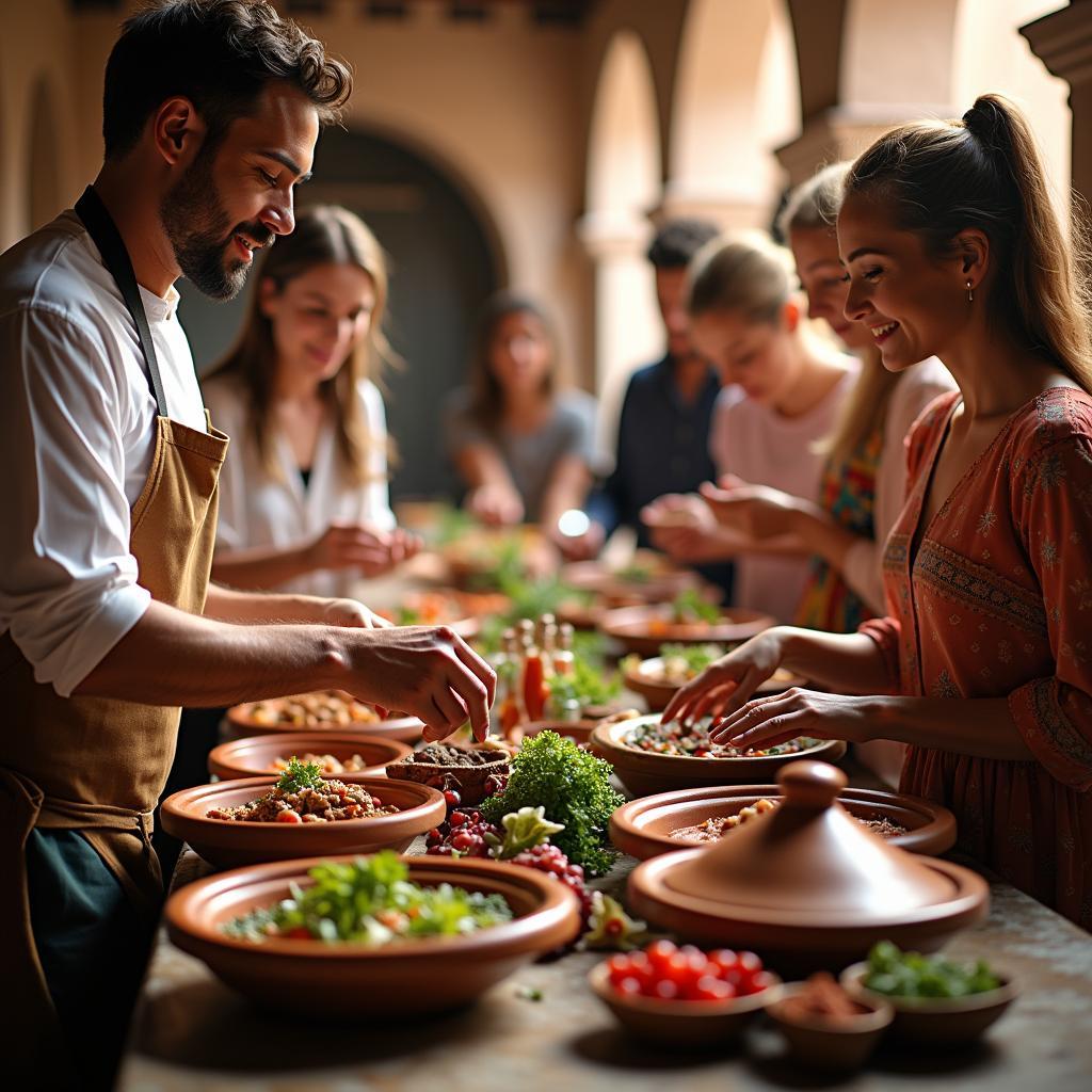 Participating in a traditional Moroccan cooking class during a Morocco tour