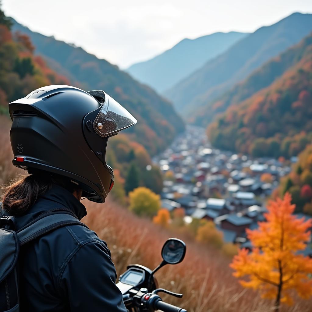 Motorcycle rider in Japan wearing a dual sport helmet